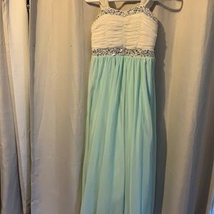 White and Blue Rhinestone Beaded Kids Maxi Dress